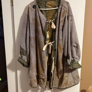Painted reversible parachute coat w/Suede ties blue gold highend hand painted